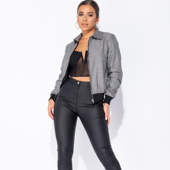 Gray Herringbone Tweed Long Sleeve Bomber Jacket - Picture 6 of 11